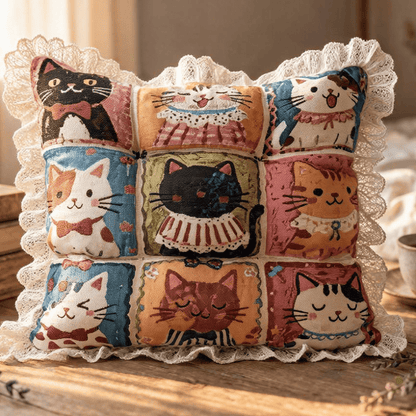 Ownkoti Lace‑Trim Grid‑Cat Cotton Chair Cushion - image 1