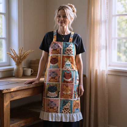 Ownkoti Grid‑Cat Print Cotton Ruffled Cooking Apron - image 3