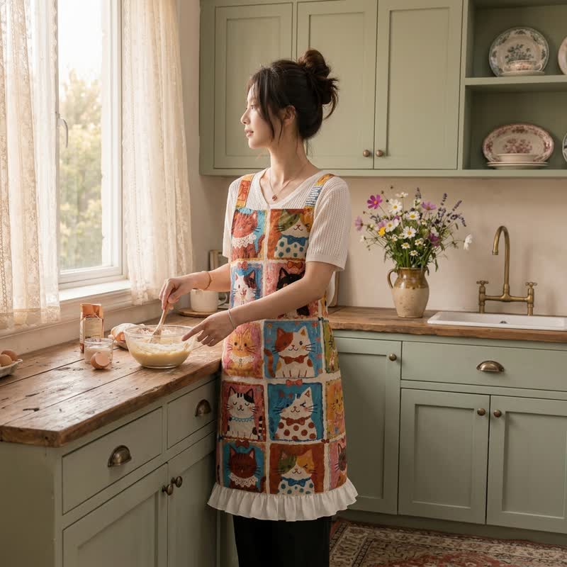 Ownkoti Grid‑Cat Print Cotton Ruffled Cooking Apron - image 6