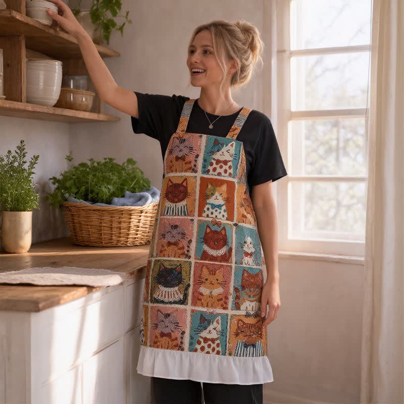 Ownkoti Grid‑Cat Print Cotton Ruffled Cooking Apron - image 2
