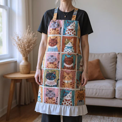 Ownkoti Grid‑Cat Print Cotton Ruffled Cooking Apron - image 1