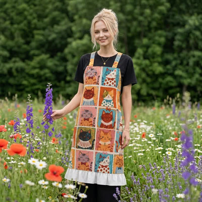 Ownkoti Grid‑Cat Print Cotton Ruffled Cooking Apron - image 5
