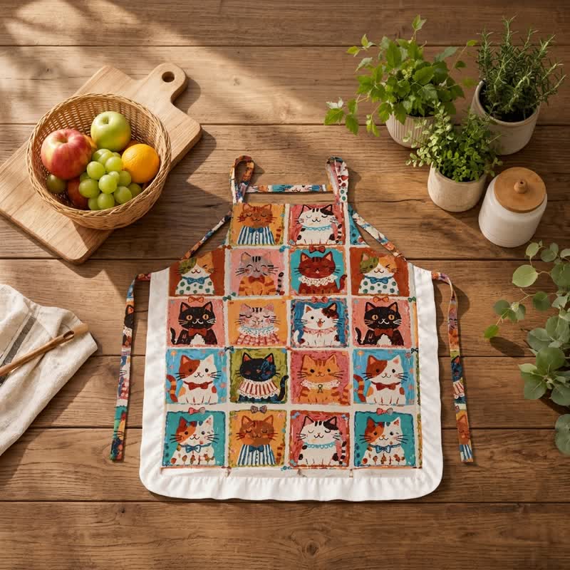 Ownkoti Grid‑Cat Print Cotton Ruffled Cooking Apron - Multicolor - image 0