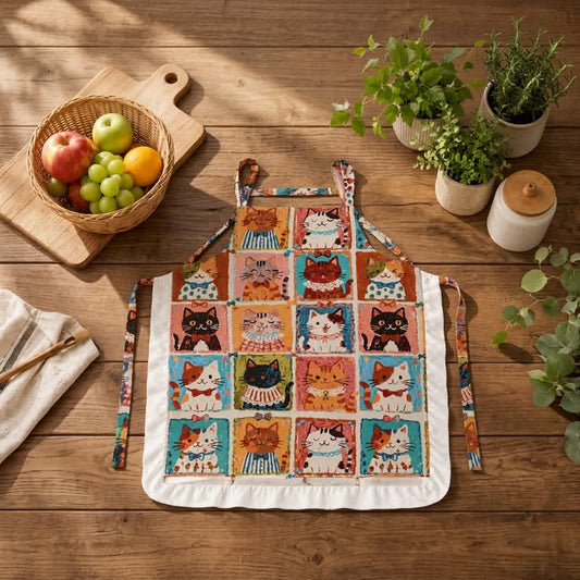Ownkoti Grid‑Cat Print Cotton Ruffled Cooking Apron - Multicolor - image 0