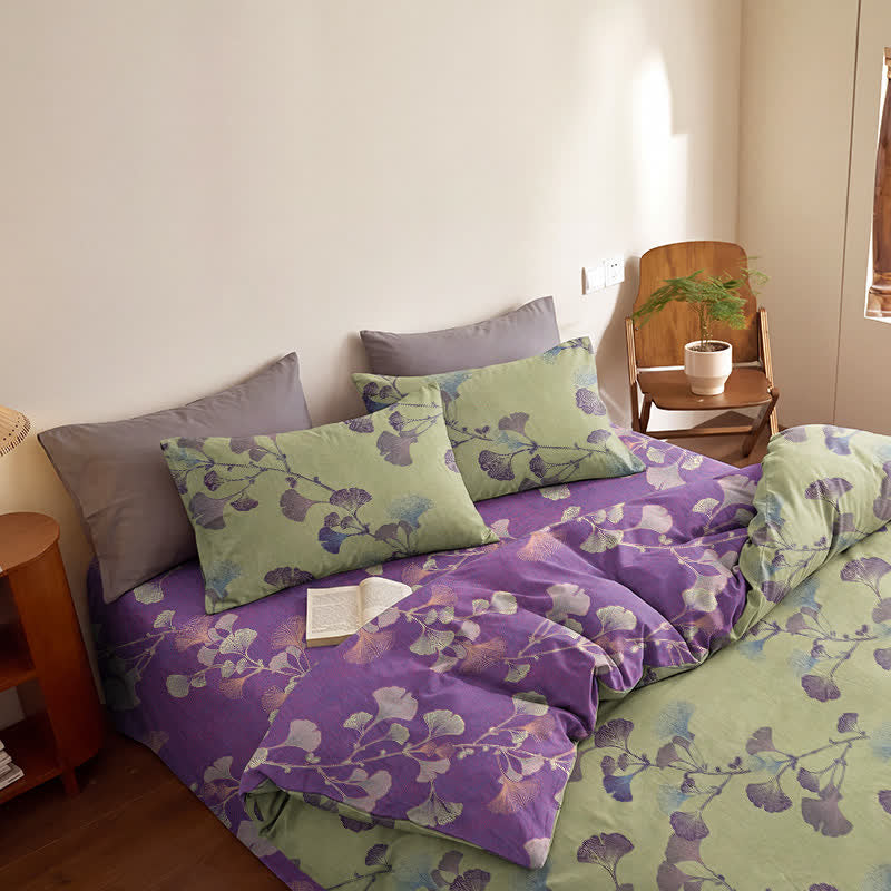 Ownkoti Retro Ginkgo Leaf Cotton Reversible Bedding Set - Green & Purple - Bedding Set（4PCS） - Queen - image 7