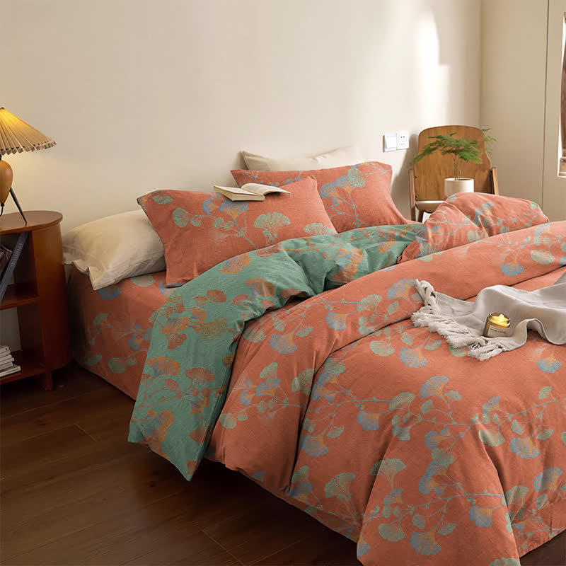 Ownkoti Retro Ginkgo Leaf Cotton Reversible Bedding Set - Red & Green - Bedding Set（4PCS） - Queen - image 18