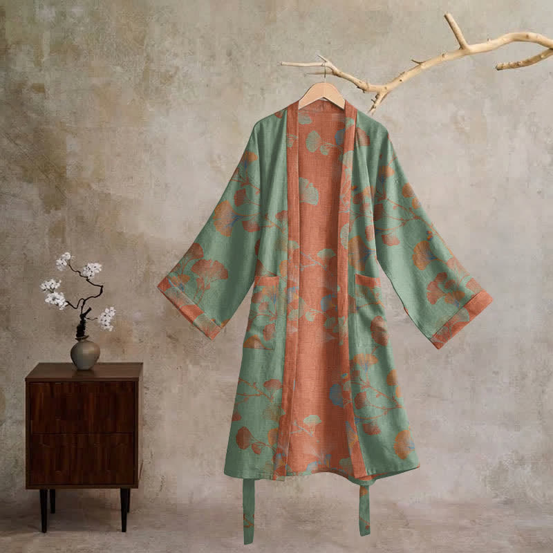 Ownkoti Retro Ginkgo Leaf Cotton Kimono Robe - image 11