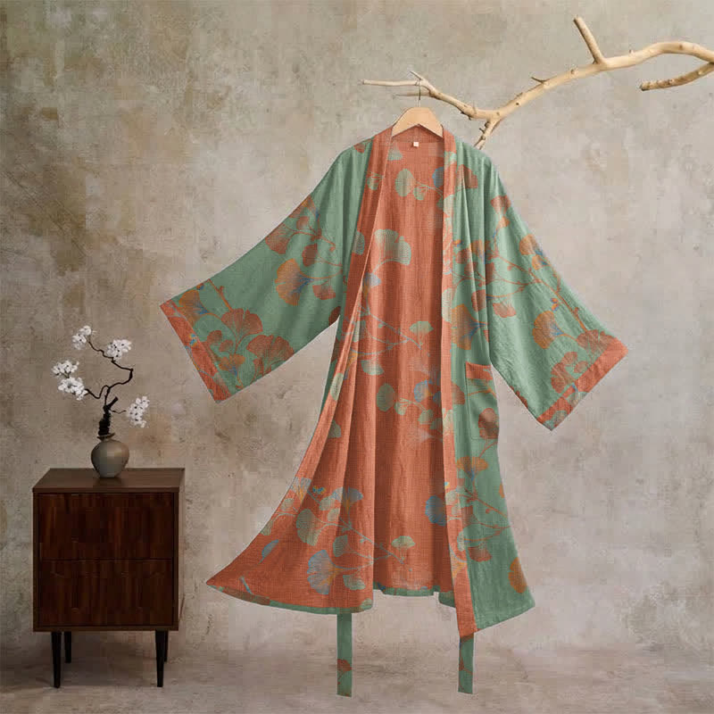 Ownkoti Retro Ginkgo Leaf Cotton Kimono Robe - Green & Red - XL - image 10