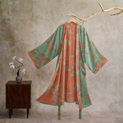 Ownkoti Retro Ginkgo Leaf Cotton Kimono Robe - Green & Red - XL - image 10