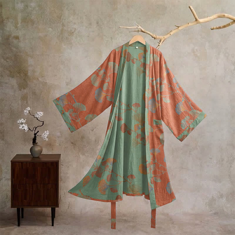 Ownkoti Retro Ginkgo Leaf Cotton Kimono Robe - Red & Green - XL - image 16