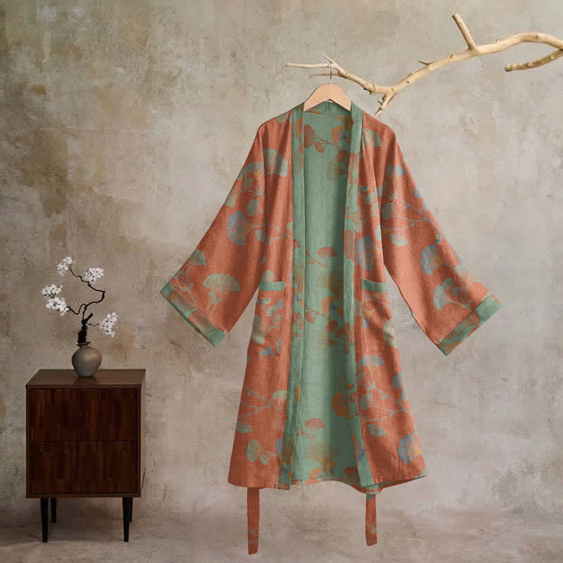 Ownkoti Retro Ginkgo Leaf Cotton Kimono Robe - image 21