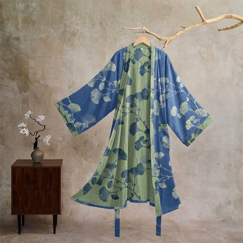 Ownkoti Retro Ginkgo Leaf Cotton Kimono Robe - Deep Blue & Grass green - XL - image 5