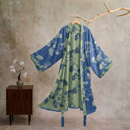Ownkoti Retro Ginkgo Leaf Cotton Kimono Robe - Deep Blue & Grass green - XL - image 5