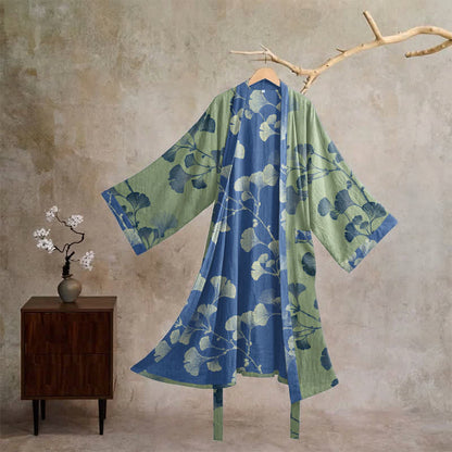 Ownkoti Retro Ginkgo Leaf Cotton Kimono Robe - Glass Green & Deep Blue - XL - image 22