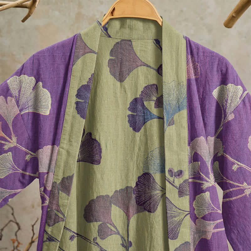Ownkoti Retro Ginkgo Leaf Cotton Kimono Robe - image 3