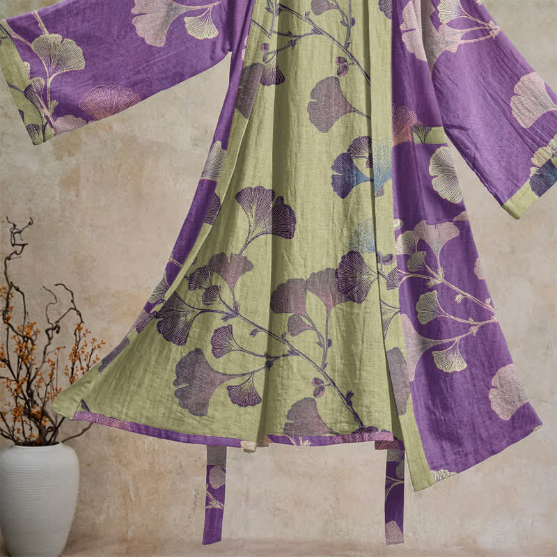 Ownkoti Retro Ginkgo Leaf Cotton Kimono Robe - image 2