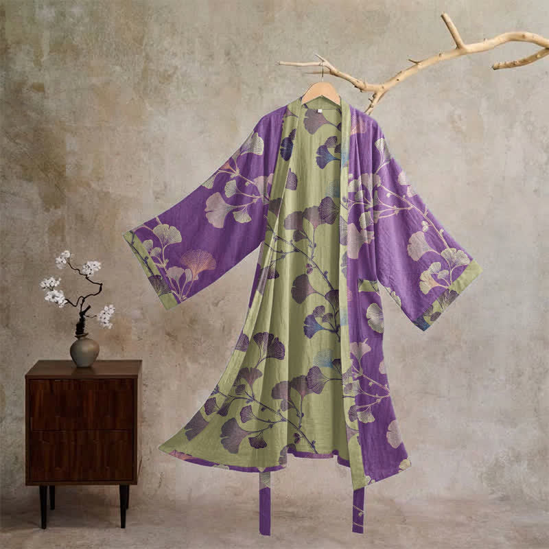 Ownkoti Retro Ginkgo Leaf Cotton Kimono Robe - Purple & Grass green - XL - image 0