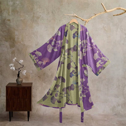 Ownkoti Retro Ginkgo Leaf Cotton Kimono Robe - Purple & Grass green - XL - image 0
