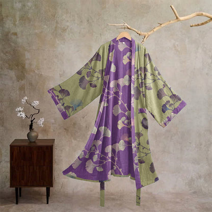 Ownkoti Retro Ginkgo Leaf Cotton Kimono Robe - Grass green & Purple - XL - image 28