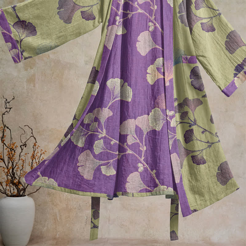Ownkoti Retro Ginkgo Leaf Cotton Kimono Robe - image 30