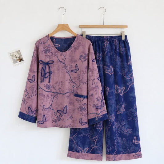 Ownkoti Retro Purple Butterfly Floral Cotton Loungewear Set - Purple - XL - image 0