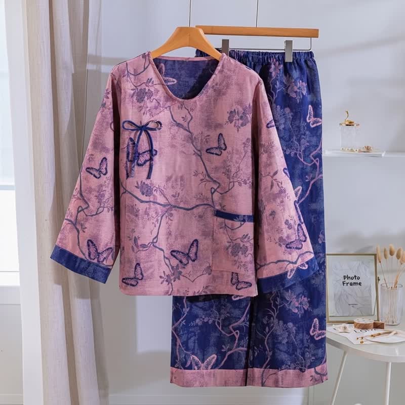 Ownkoti Retro Purple Butterfly Floral Cotton Loungewear Set - image 1