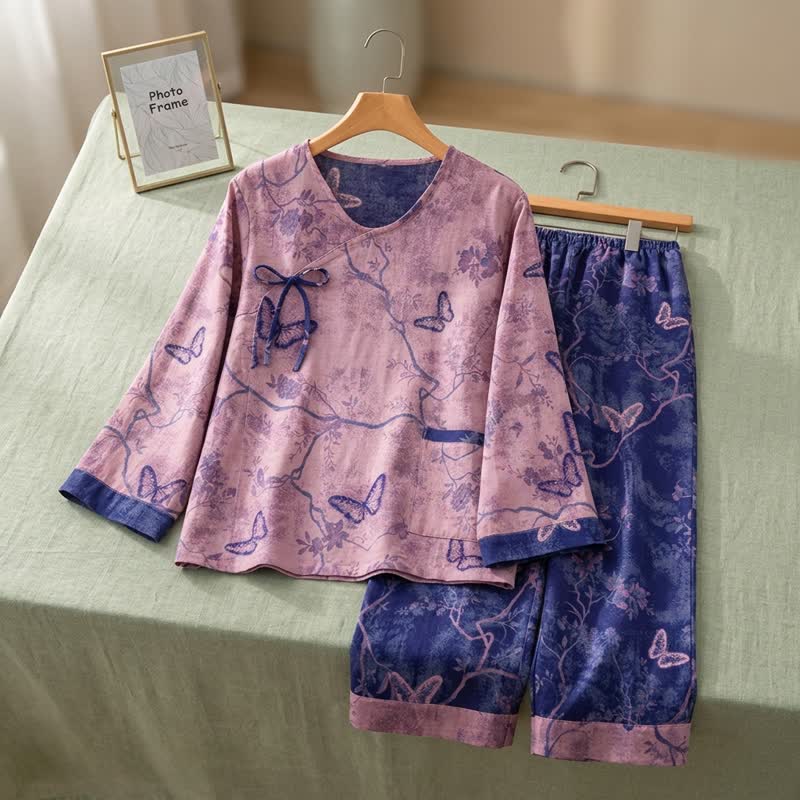 Ownkoti Retro Purple Butterfly Floral Cotton Loungewear Set - image 2