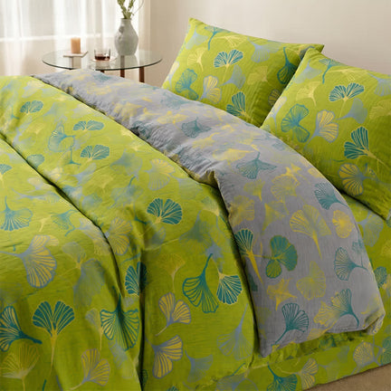 Ownkoti Vintage Green Ginkgo Leaf Cotton Reversible Bedding Set - Green - Bedding Set (4PCS) - King - image 0