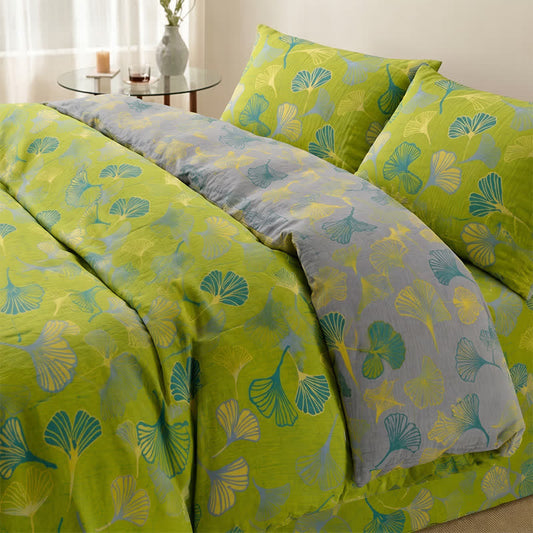 Ownkoti Vintage Green Ginkgo Leaf Cotton Reversible Bedding Set - Green - Bedding Set (4PCS) - King - image 0