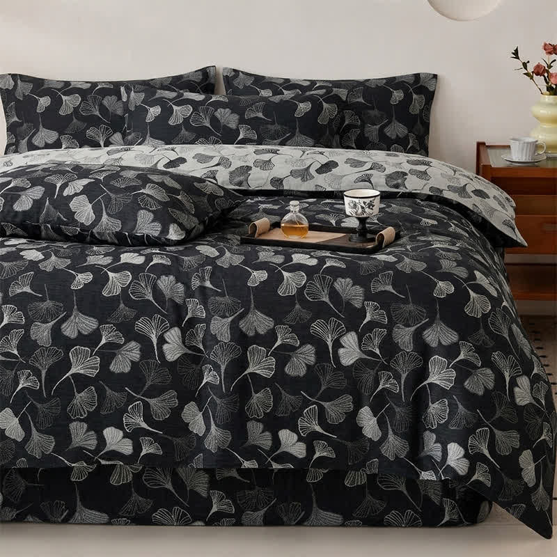 Ownkoti Vintage Black Ginkgo Leaf Reversible Cotton Bedding Set - image 1
