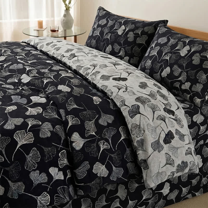 Ownkoti Vintage Black Ginkgo Leaf Reversible Cotton Bedding Set - Black - 2PCS Pillowcases - 20" x 37" - image 2