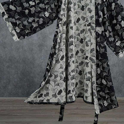 Ownkoti Black White Ginkgo Leaf Cotton Kimono Robe - image 4