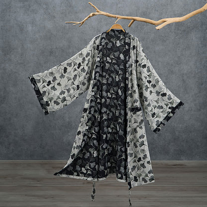 Ownkoti Black White Ginkgo Leaf Cotton Kimono Robe - White - 2XL - image 7
