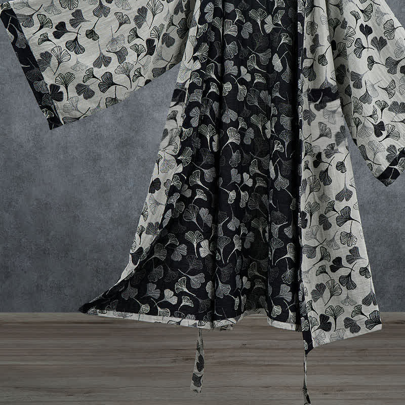 Ownkoti Black White Ginkgo Leaf Cotton Kimono Robe - image 11