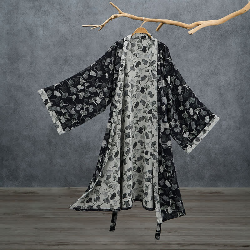 Ownkoti Black White Ginkgo Leaf Cotton Kimono Robe - Black - 2XL - image 0