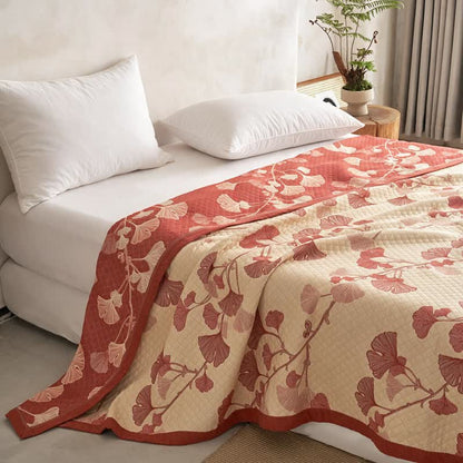 Ownkoti Red Ginkgo Leaf Pattern Cotton Blanket - Beige - 90" x 92" - image 9