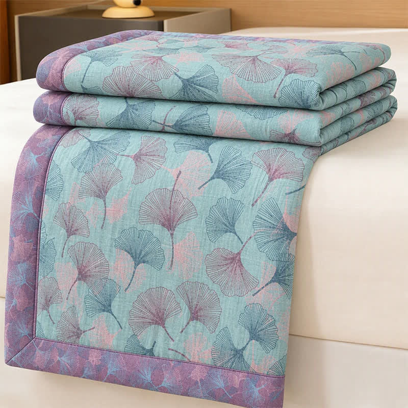 Ownkoti Retro Botanical Ginkgo Leaf Cotton Blanket - Blue - 90" x 92" - image 0