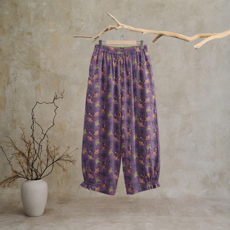 Ownkoti Retro‑Style Ginkgo Leaf Cotton Loose Lounge Pants - image 1