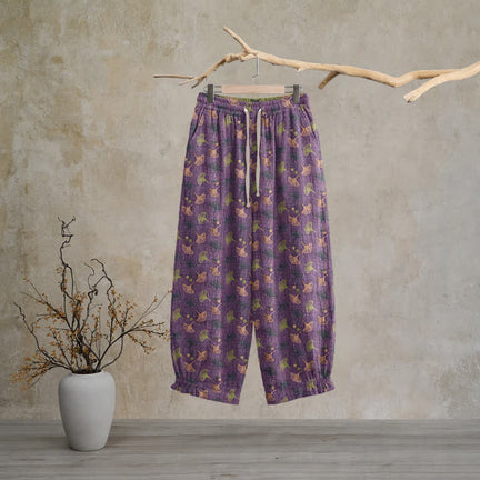 Ownkoti Retro‑Style Ginkgo Leaf Cotton Loose Lounge Pants - Purple - XL - image 0