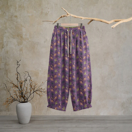 Ownkoti Retro‑Style Ginkgo Leaf Cotton Loose Lounge Pants - Purple - XL - image 0