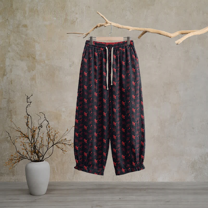 Ownkoti Retro‑Style Ginkgo Leaf Cotton Loose Lounge Pants - Black - XL - image 5