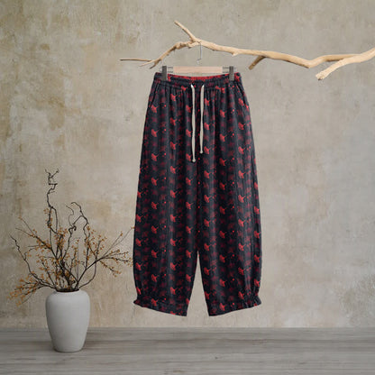 Ownkoti Retro‑Style Ginkgo Leaf Cotton Loose Lounge Pants - Black - XL - image 5