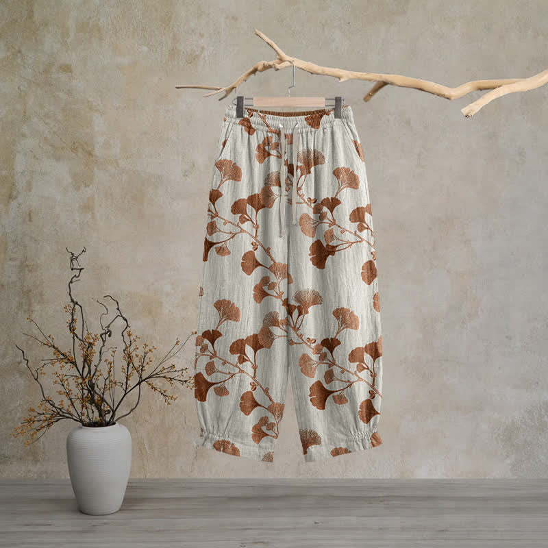 Ownkoti Beige Base Rust Ginkgo Leaf Pattern Cotton Lounge Pants - Beige - XL - image 0