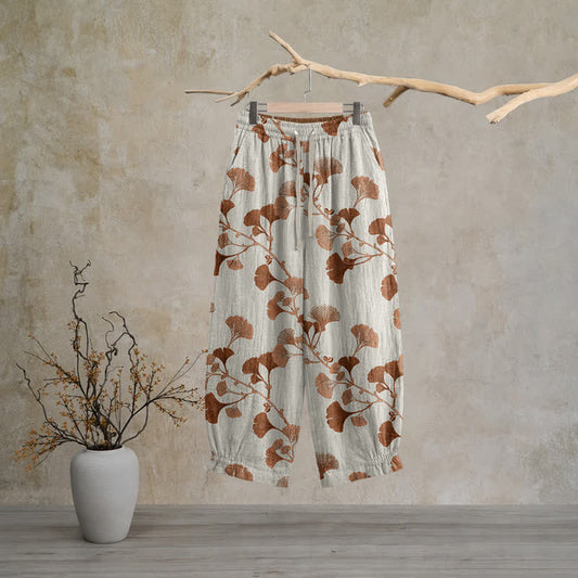 Ownkoti Beige Base Rust Ginkgo Leaf Pattern Cotton Lounge Pants - Beige - XL - image 0