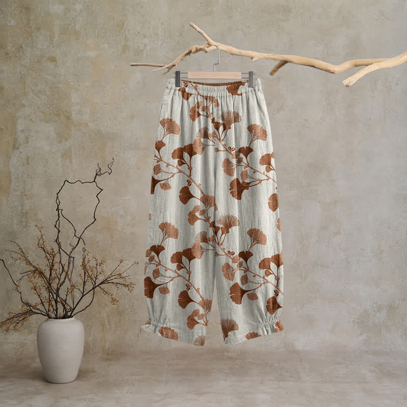 Ownkoti Beige Base Rust Ginkgo Leaf Pattern Cotton Lounge Pants - image 1
