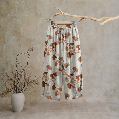 Ownkoti Beige Base Rust Ginkgo Leaf Pattern Cotton Lounge Pants - image 1