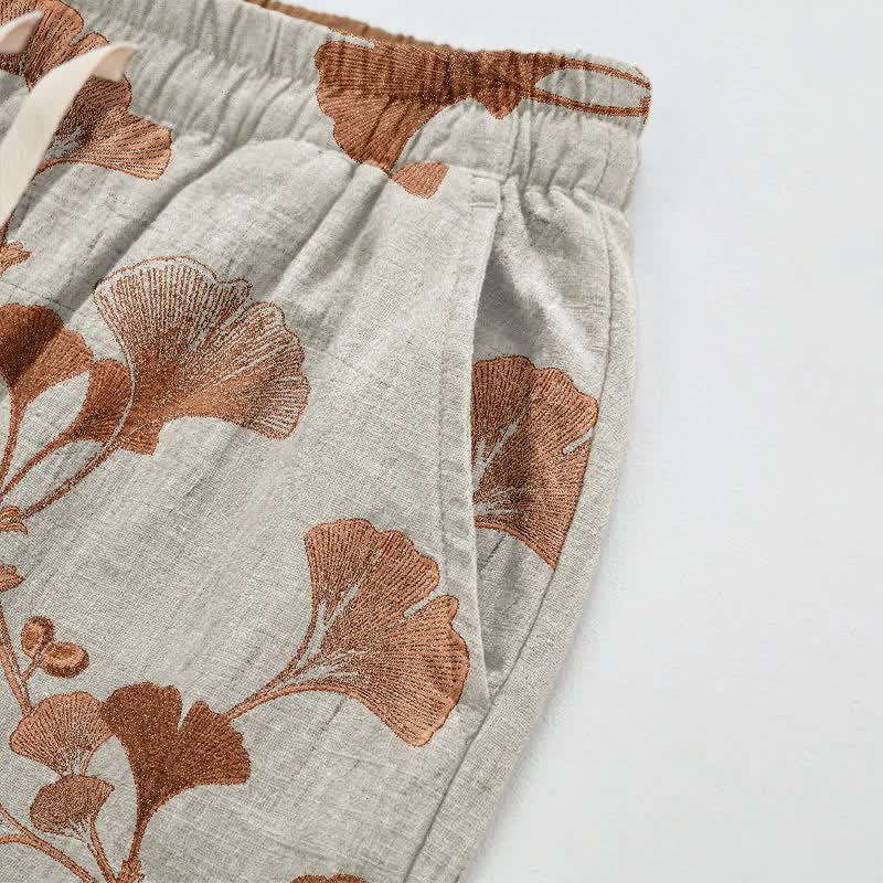 Ownkoti Beige Base Rust Ginkgo Leaf Pattern Cotton Lounge Pants - image 3