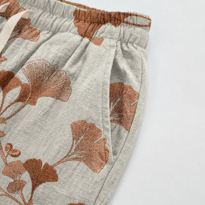 Ownkoti Beige Base Rust Ginkgo Leaf Pattern Cotton Lounge Pants - image 3