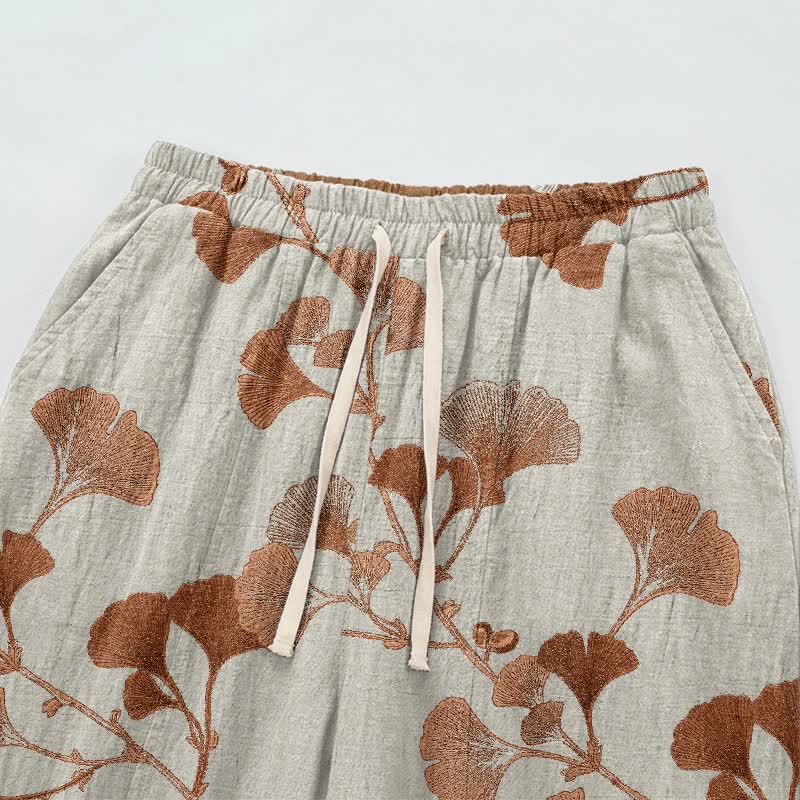 Ownkoti Beige Base Rust Ginkgo Leaf Pattern Cotton Lounge Pants - image 2