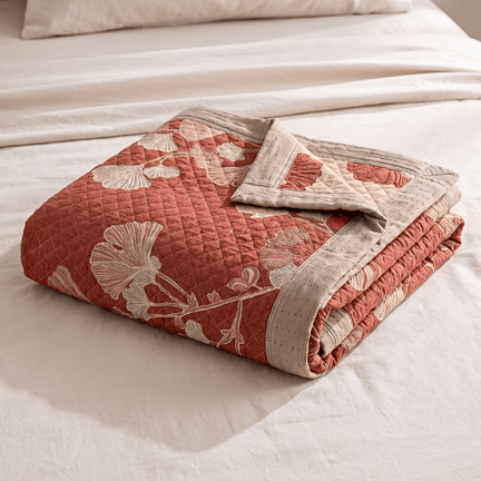 Ownkoti Red Ginkgo Leaf Pattern Cotton Blanket - Terracotta Red - 90" x 92" - image 0